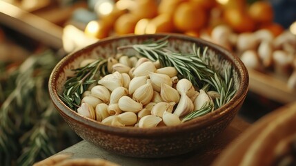 Canvas Print - Organic garlic cloves with fresh rosemary in a rustic bowl displayed at a zero waste market highlighting sustainable food practices.