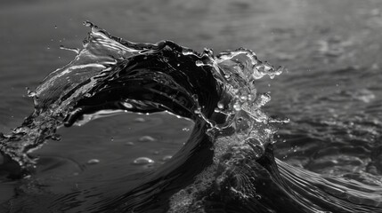 Poster - Monochrome water wave in dynamic motion closeup image. High-contrast black-and-white elegant curve of splash close up photography. Artistic fluid energy concept photo realistic