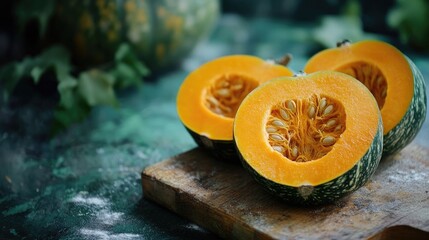 Canvas Print - Autumn pumpkins sliced on wooden board for seasonal food inspiration and Halloween decor in warm earthy tones