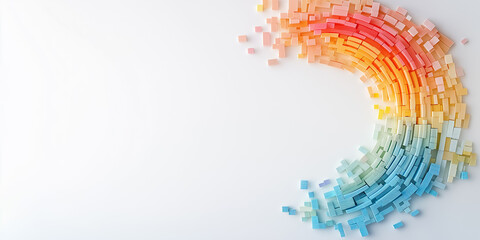 Poster - A vibrant rainbow outline composed of digital code bars is displayed against a neutral white surface. Bright midday light emphasizes the colorful arrangement, representing diversity in data
