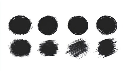 Poster - Collection of eight hand drawn black circles and textured shapes on a white background. Various textures and degrees of roughness are depicted, ideal