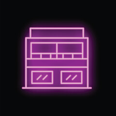 Poster - Neon sign is glowing in the dark, representing a modern building with large windows and a balcony