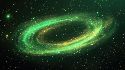 Poster - Vibrant Green Galaxy with Golden Sparkles and Glittering Nebula Dust Against a Dark Starry Background