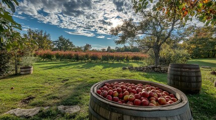 Wall Mural - Scenic orchard with ripe apples in wooden barrels under a bright sky, showcasing nature's bounty in a peaceful landscape.