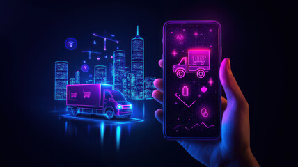 Poster - Neon lit smartphone displaying delivery app with futuristic cityscape