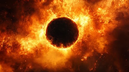 Wall Mural - Fiery orange and yellow flames surround a dark central circle, creating a fiery ring effect against a dark background. The image evokes intense heat