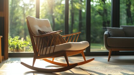 Poster - minimalist rocking chair and sofa in bright patio interior showcasing modern home decor and real est