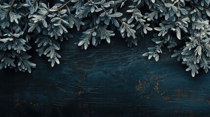 Poster - Frosted green pine branches on dark wooden background creating a large textured fall season banner with ample copy space for design.