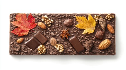 Canvas Print - Organic chocolate bar topped with nuts spices and autumn leaves on a clean white background creating a seasonal culinary delight.