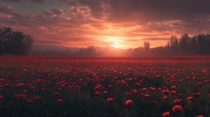 Wall Mural - poppy field at sunset with dramatic sky and soft light perfect for nature and landscape photography