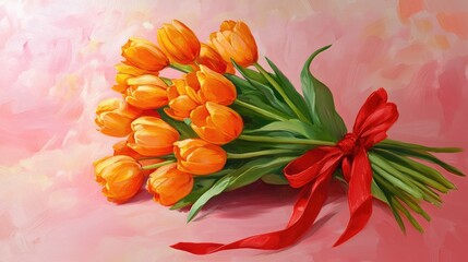 Wall Mural - Vibrant Orange Tulip Bouquet Tied with Red Ribbon on Soft Pink Background for Stunning Floral Decoration