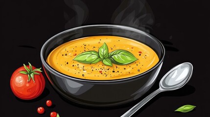 Wall Mural - Vibrant Orange Soup Garnished with Basil and Pepper in a Bowl with Fresh Tomatoes on a Dark Background