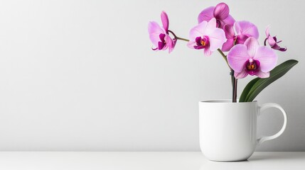 Wall Mural - Orchids in a white mug with a minimalist design perfect for text placement and floral decoration in a bright setting.