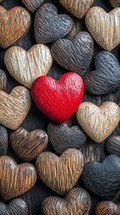 Poster - A vibrant red heart stands out among an array of wooden hearts, each uniquely crafted with different textures and shades, creating a captivating and warm atmosphere