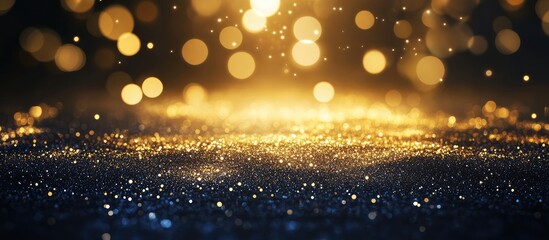 Poster - Abstract navy blue and gold bokeh light galaxy background starry sky texture with empty copyspace for New Year and Christmas promotions