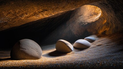 Poster - Mystical rocks arranged in a hollow cave with soft lighting illuminating unique shapes and patterns in the sandy environment.