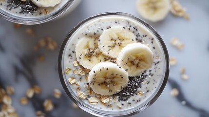 Wall Mural - Healthy yogurt parfaits with oats bananas and chia seeds perfect for nutritious breakfast or snack options in a stylish overhead presentation.