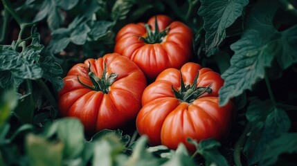 Wall Mural - Fresh Organic Ripe Red Tomatoes Nestled Among Lush Green Leaves in a Vibrant Farm Setting