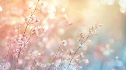 Poster - Delicate floral bokeh background with soft pastel colors and vintage light bulbs creating a romantic and dreamy ambiance