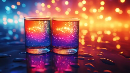 Poster - Colorful glasses reflecting vibrant fireworks on a wet surface with bokeh lights creating a festive atmosphere.