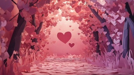 Poster - Romantic paper heart cutouts creating a whimsical backdrop with trees and a dreamy pathway filled with soft pink hues and love symbols