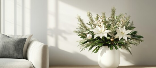 Wall Mural - Elegant festive holiday arrangement featuring white flowers and pine branches in a vase, perfect for seasonal promotions and advertisements.