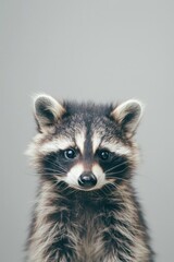 portrait cute baby raccoon looking straight standing fluffy white background
