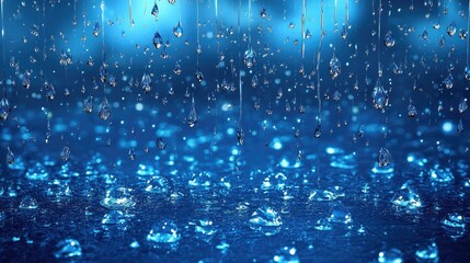 Poster - Realistic blue winter rain and water droplets creating a moody atmosphere with shimmering reflections on a dark background