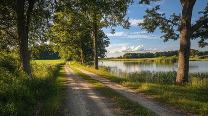Poster - Scenic Canal Road Pathway Surrounded by Lush Trees and Serene Waterway Under Clear Blue Skies