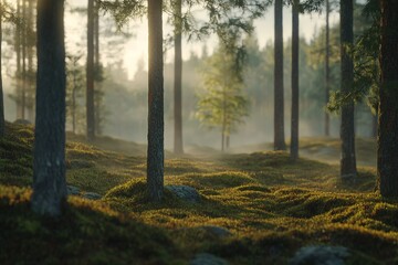 Wall Mural - Sunlit forest path mossy ground peaceful morning