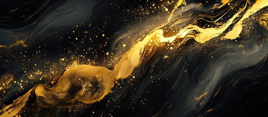 Poster - Elegant Golden Fluid Marble Ink Wave Texture with Dark Background Ideal for Background Use and Text Overlay in Digital Art Creations