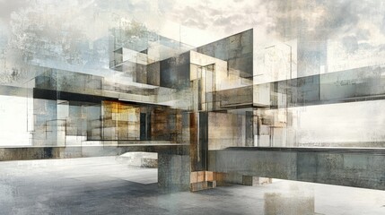 Poster - Abstract Architectural Composition with Geometric Glass Structures and Soft Textures under a Cloudy Sky