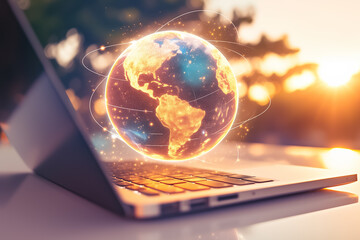 Poster - A sleek laptop rests on a white surface, with a glowing globe icon hovering above it, representing global connectivity in bright, even midday light