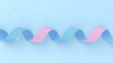 Poster - Colorful pastel ribbons in a wavy pattern on a light blue background with confetti