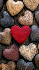 Poster - A collection of wooden hearts in various shades provides a warm and inviting atmosphere, showcasing a bold red heart at the center, symbolizing love and connection