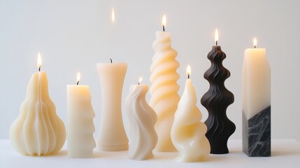 Poster - Elegant assortment of uniquely shaped candles with warm candlelight creating a romantic ambiance on a soft background