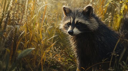 Wall Mural - raccoon dog in natural habitat surrounded by tall grass during golden hour light creating a serene a