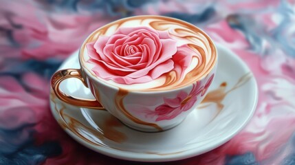 Poster - Rose Latte Art in Decorative Coffee Cup with Whimsical Floral Background
