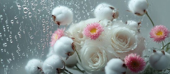 Poster - Delicate bouquet of white roses pink asters and cotton amidst water droplets with soft copyspace perfect for floral themed designs