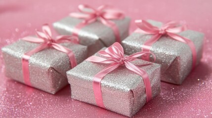 Poster - Elegant silver gifts adorned with pink ribbons on a soft pink background creating a festive and charming atmosphere for celebrations.