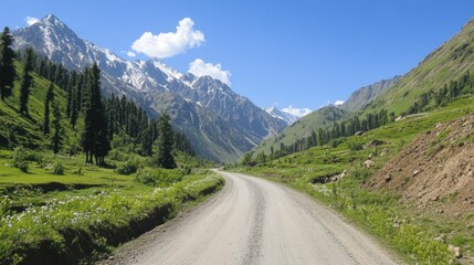 Aufkleber - Scenic Mountain Road Surrounded by Lush Greenery and Majestic Peaks Against a Clear Blue Sky