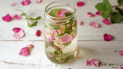 Aufkleber - Refreshing rose lemonade infused with mint leaves served in a glass jar on a rustic white wooden surface surrounded by rose petals.