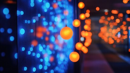 Fototapete - Dynamic Blue and Orange Ambient Lighting with Floating Spheres Creating a Modern and Artistic Atmosphere