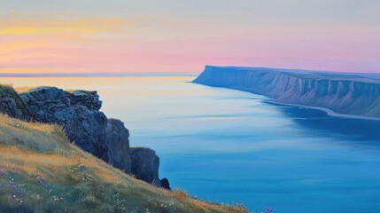 Poster - Tranquil Coastal Landscape with Majestic Cliffs and Soft Twilight Colors over Serene Ocean Waters