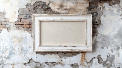 Aufkleber - Vintage white frame on distressed brick wall with peeling paint highlighting simplicity and elegance in interior design showcase.