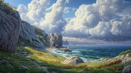 Poster - Tranquil coastal landscape showcasing rugged cliffs, lush grass, and dynamic clouds over a serene ocean view.