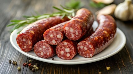 Poster - Sliced Sausage on White Plate Garnished with Herbs on Rustic Wooden Table