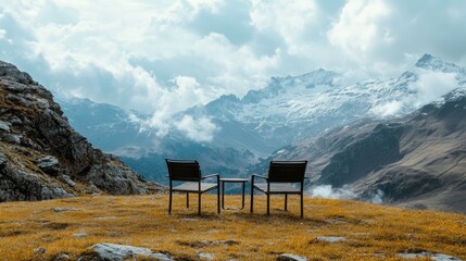 Aufkleber - Serene mountain landscape featuring rugged outdoor chairs against a stunning natural backdrop of peaks and cloudy skies.