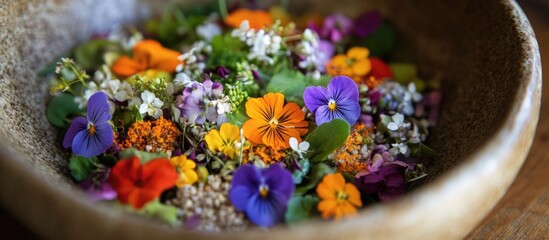 Aufkleber - Vibrant bowl of colorful edible flowers microgreens and grains showcasing fresh plant-based foods with blank space for text inclusion
