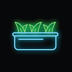 Poster - Glowing neon line houseplant in pot icon isolated on black background vector illustration for your design